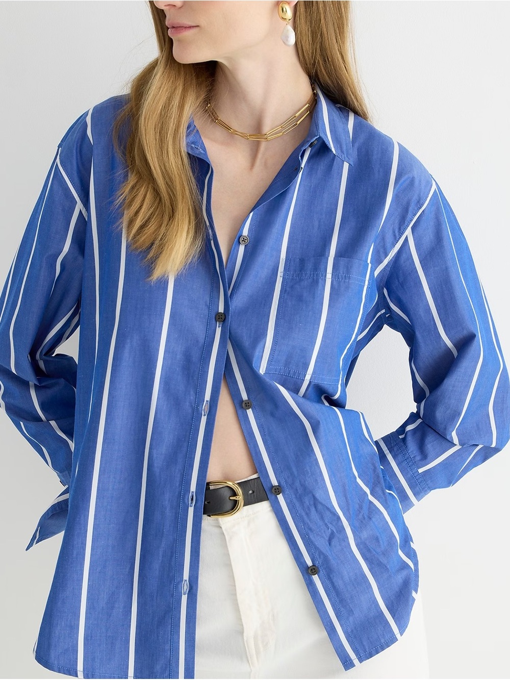 J. Crew Royal Blue and White Striped Button-Up Blouse